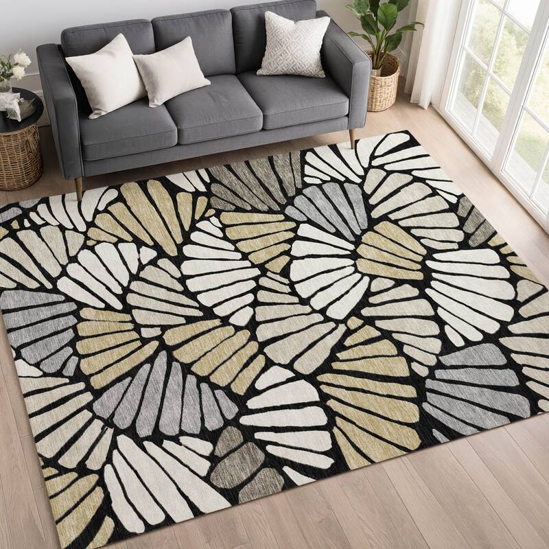 Machine Washable Indoor/ Outdoor Floral Modern Chantille Rug