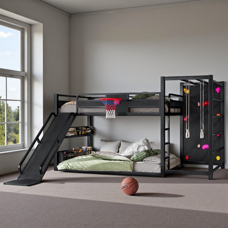 Kids Metal Loft Bed with Slide, Basketball Hoop, Climbing Wall, Pull-Up Rings and Bookshelves