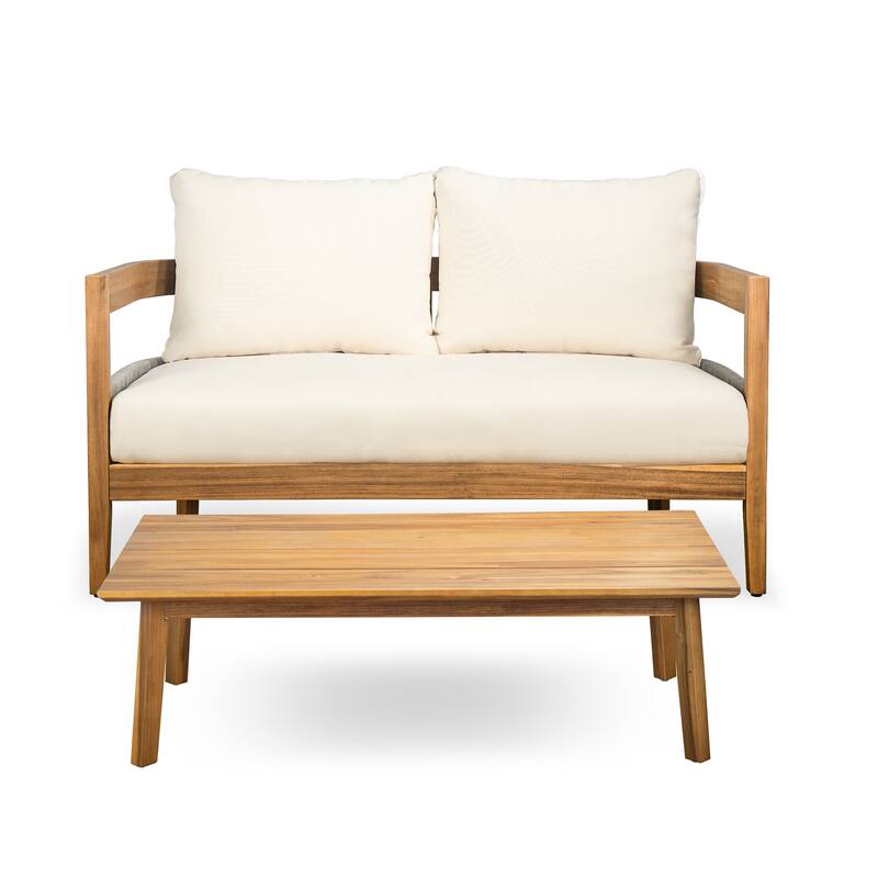 Roomfitters Porto Outdoor Acacia Wood Loveseat with Coffee Table, Patio Balcony Seating Set