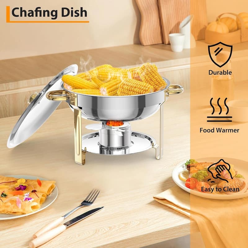6 Pack 5QT Round Chafing Dishes Buffet Set with Lids - Includes Lid Holder Serving Spoon Tweezers