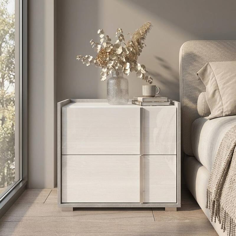 Meble Furniture Sky 25" Modern Nightstand 25.2"W x 15.7"D x 22.4"H High Gloss Fronts Matte Body European Design