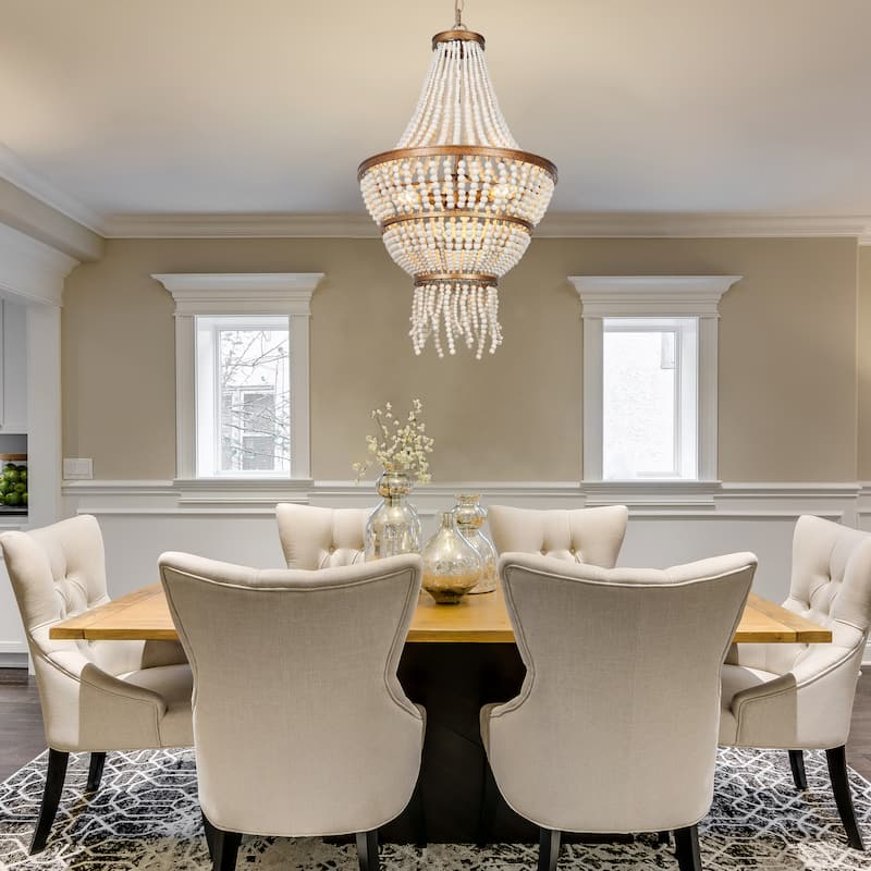 Renia Empire Glam 4-tier Beads Coastal Chandelier 3-light Gold/ Beige Dining Room Lights Stairwell Living Room