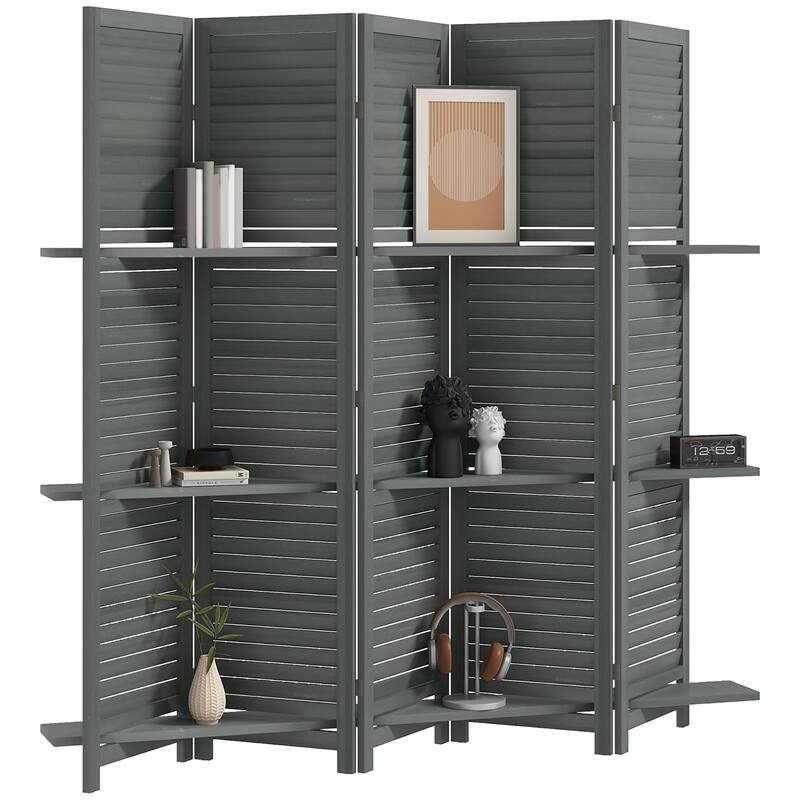 HOMCOM 5 Panel 67" Tall Wood Room Divider, Privacy Screen with 3 Display Shelves, and Folding Storage for Bedroom or Home Office