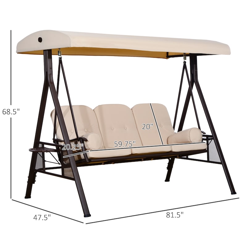 Outsunny Outdoor Patio 3-Person Canopy Cushioned Seat Bench Swing with Included Side Trays & Padded Comfort
