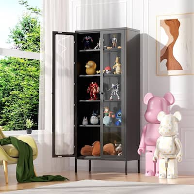 67'' Tall Metal Display Case Storage Cabinet with Glass Doors and 4 Adjustable Shelves