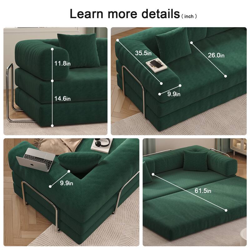 Modular Convertible Sleeper Sofa Bed, Corduroy Fabric Compression Sofa, Floor-Standing Sofa Bed with Armrests & Backrest