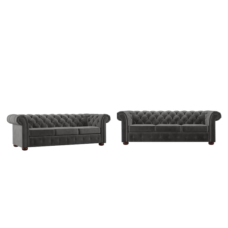 Gdansk Tufted Scroll Arm Chesterfield Sofa - Velvet - Dark Grey