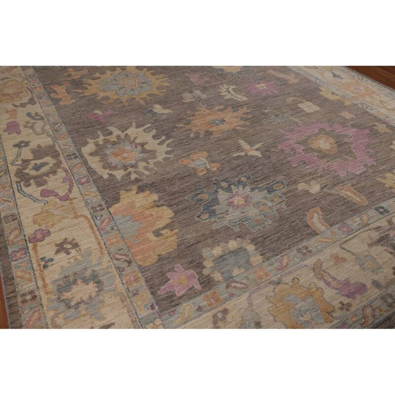 Vegetable Dye Oushak Turkish Rug Hand-Knotted Brown Wool Carpet - 9'2"x 11'10"