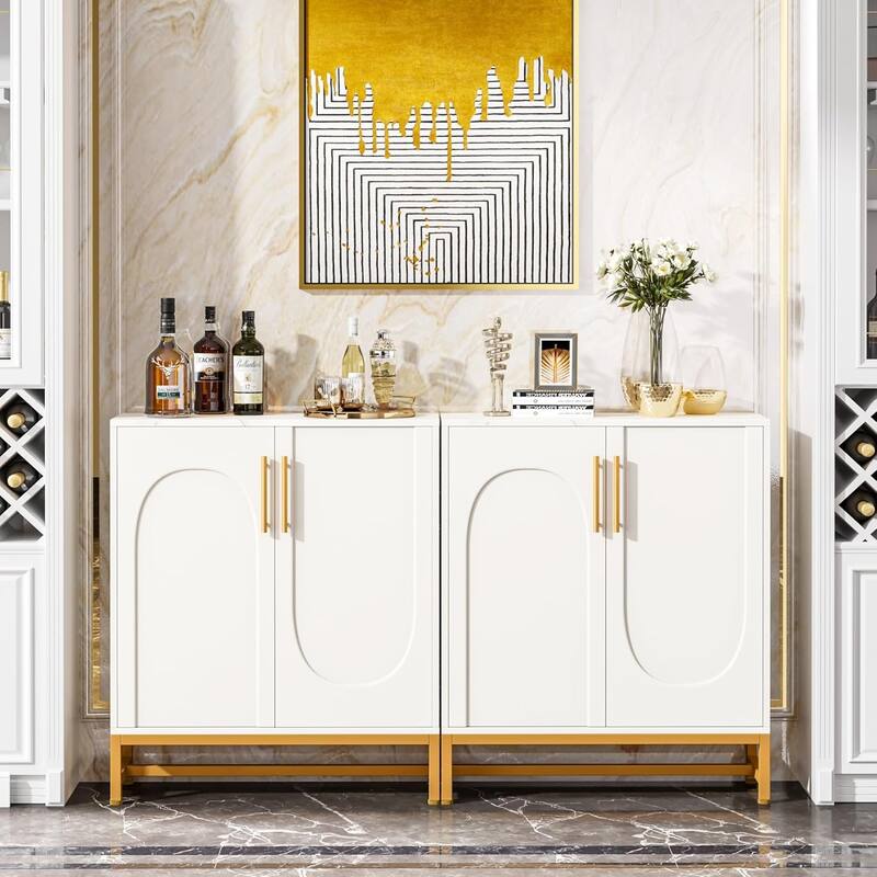 4-Door Sideboard Buffet, Faux Marble Storage Cabinet with Adjustable Shelf for Kitchen - White+Gold