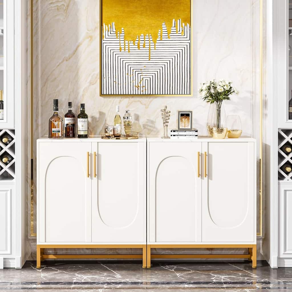 4-Door Sideboard Buffet, Faux Marble Storage Cabinet with Adjustable Shelf for Kitchen