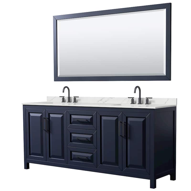 Wyndham Collection WCV252580D-QTZ-US3M70 Daria 80" Free Standing - Dark Blue / Giotto Quartz Top / Matte Black