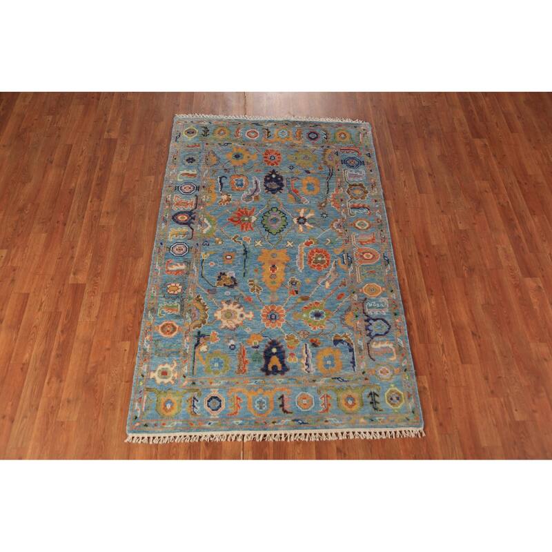 Blue Floral Oushak Oriental Rug Hand-Knotted Wool Carpet - 3'11"x 6'1"