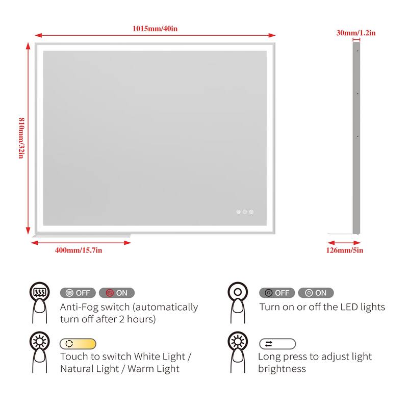 32" x 40" Smart LED Bathroom Wall Mirror with Memory,Anti-Fog Switch