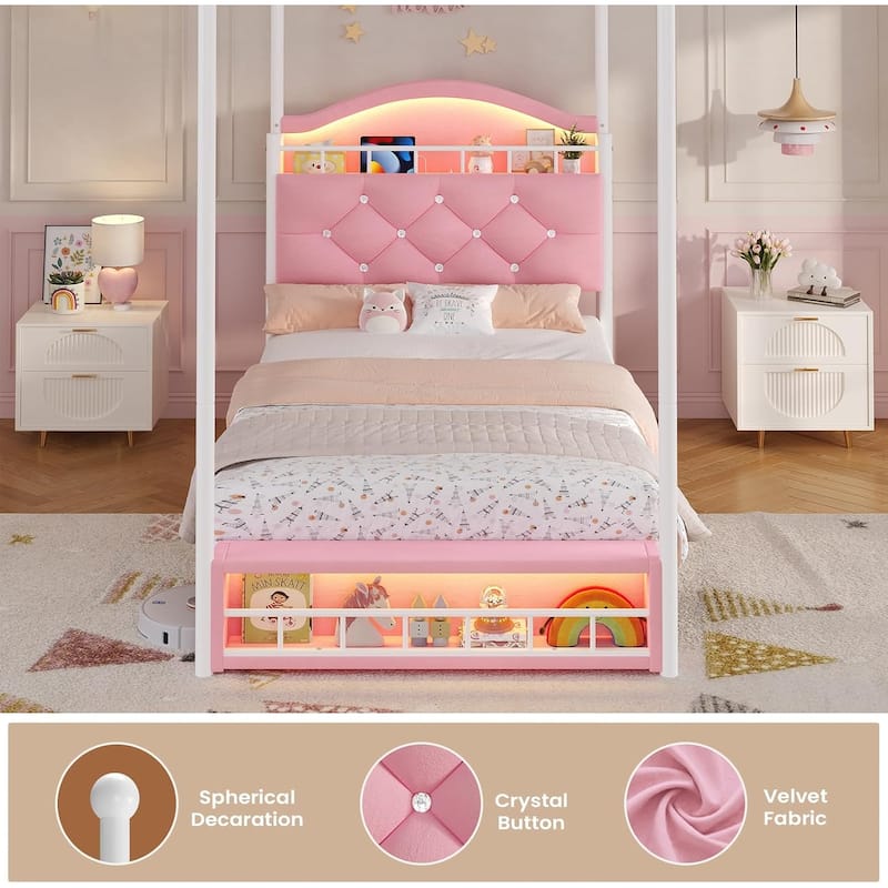 Canopy Bed Frame LED Lights Charging Station Velvet Platform Bed