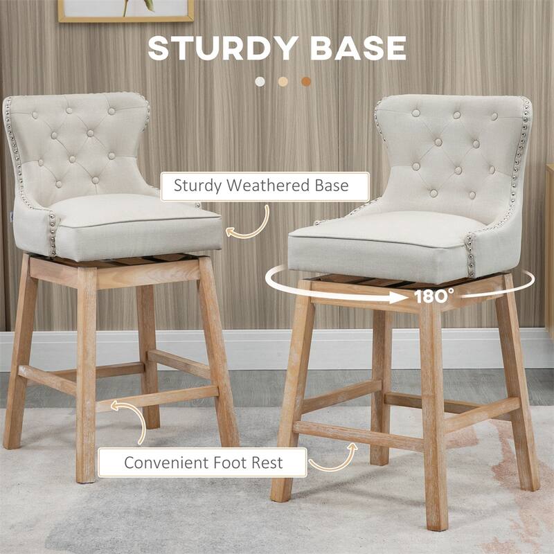 Swivel Upholstered Fabric Bar Stools with Rubber Wood Leg（Set of 2） - N/A