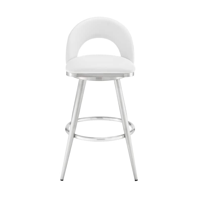 Visy 30 Inch Swivel Barstool Chair, Round Open Back, White Faux Leather