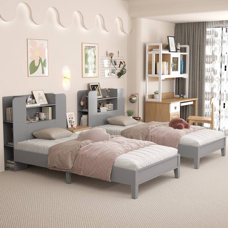 Gymax Twin Size Bed Frame Wooden Platform Bed Kids Bed Frame w/