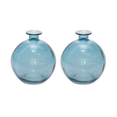 Blue Glass Round Table Bud Vases Set of 2 for Coastal Home Decor