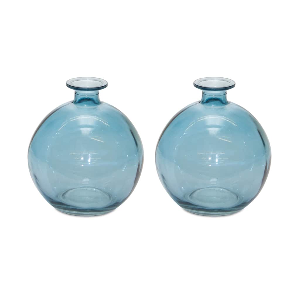 Blue Glass Round Table Bud Vases Set of 2 for Coastal Home Decor
