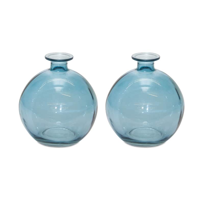 HomeRoots Set of Two 6" Blue Glass Round Table Vases - 4.75