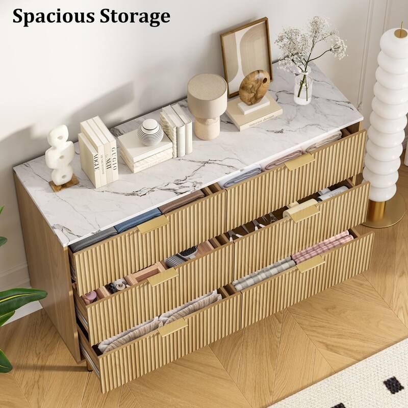 6 Drawer Fluted Dresser for Bedroom, Modern Wooden Storage Chest with Gold Handles