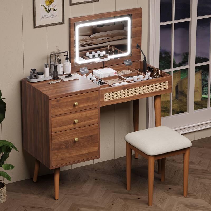 Bohemian Rattan Makeup Vanity Set with Stool, Wooden Vantiy Desk Walnut Dressing Table with Flip-Top Mirror & 3 Drawers