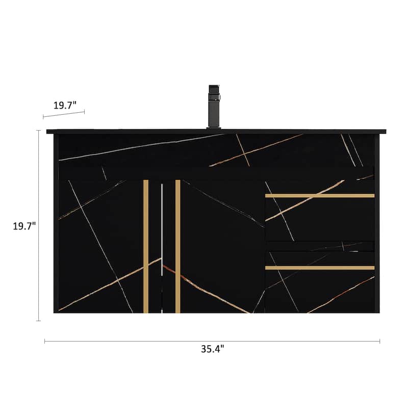 35.4 Inch Wall-Mounted Bathroom Vanity with Engineered Stone Top, Ceramic Sink, Soft-Close Drawers & Door