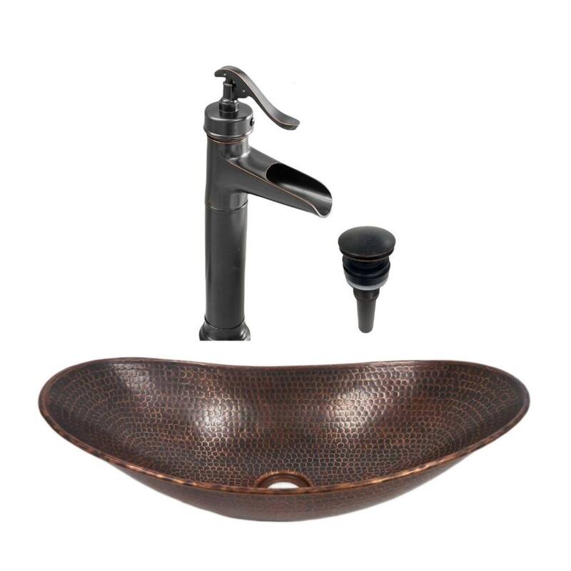 18" Oval Copper Bathroom SInk in Brushed Sedona, Drain & Faucet Included - 17.75" x 10.5" x 4" x 5.5"