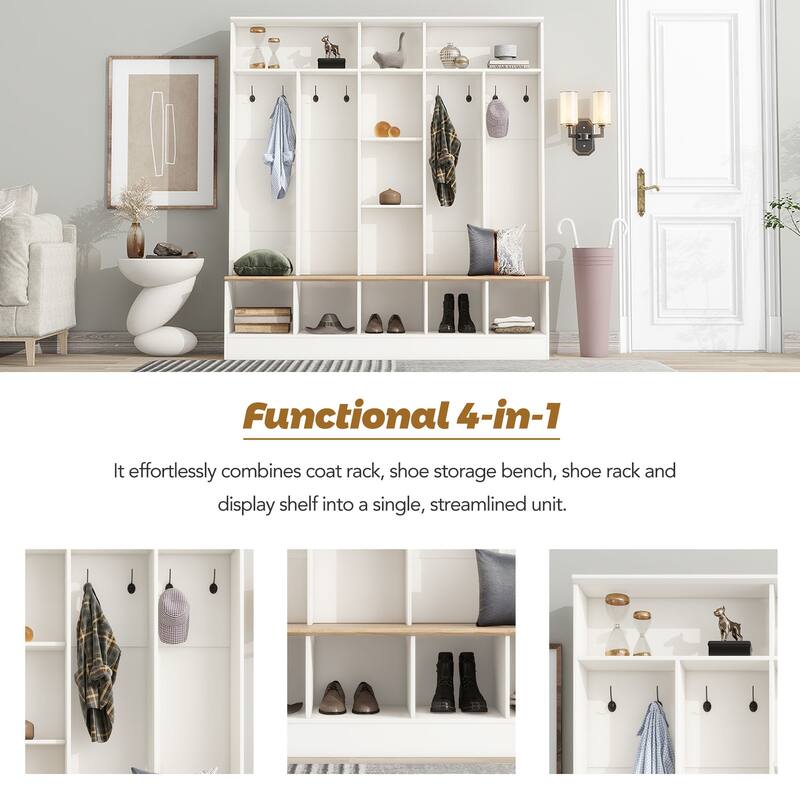 4-in-1 Entryway Hall Tree with Storage Bench, Coat Rack & Open Shelves for Organized Space