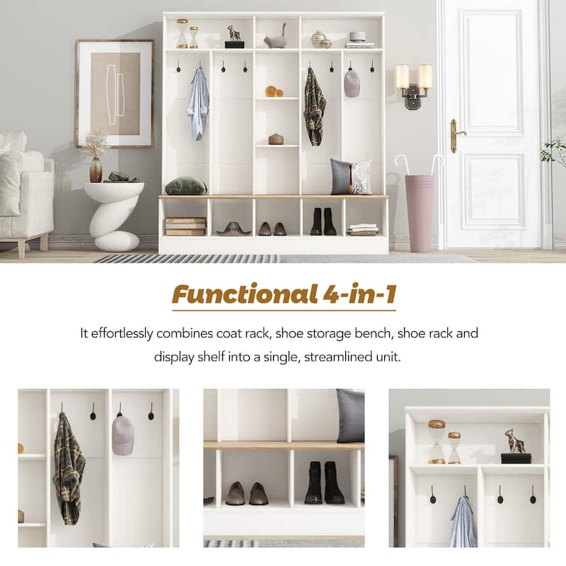4-in-1 Entryway Storage Cabinet Coat Rack with Shoe Storage and Bench, Hall Tree with Cube Storage & Shelves