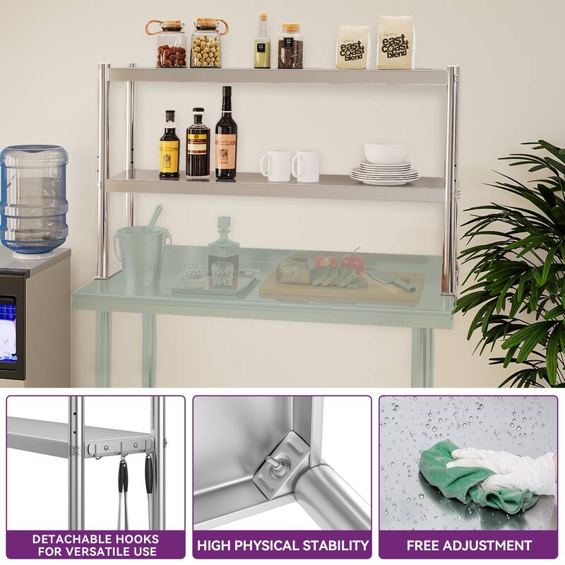 Stainless Steel Overshelf, 2 Tier Overshelf with Hook, Adjustable Double Overshelf for Kitchen Prep Table
