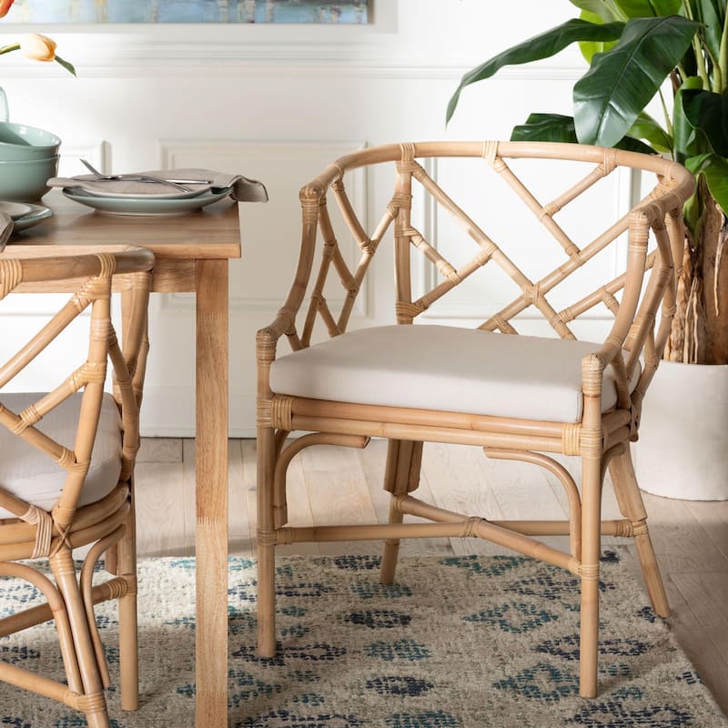 Padma Natural Rattan Dining Chair - Handwoven Barrel Accent Chair with Bamboo-Style Frame and Lattice Detailing