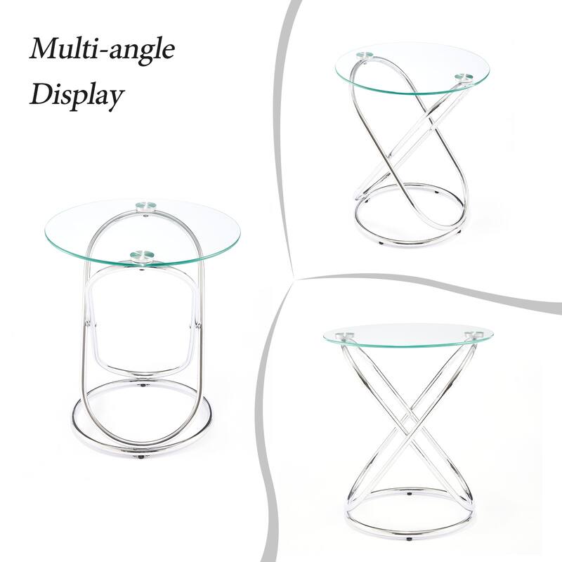 Tempered Glass Round Side/End Table with Metal Legs - 19.7"Dia Top x 21.7"H x 15.6"Dia Base