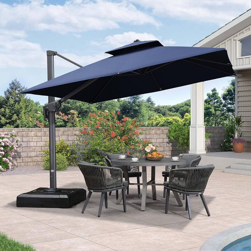 PURPLE LEAF Luxurious Design Square Patio Cantilever Umbrellas with Base UV50+ Fade Resistant - 11ft-Navy Blue