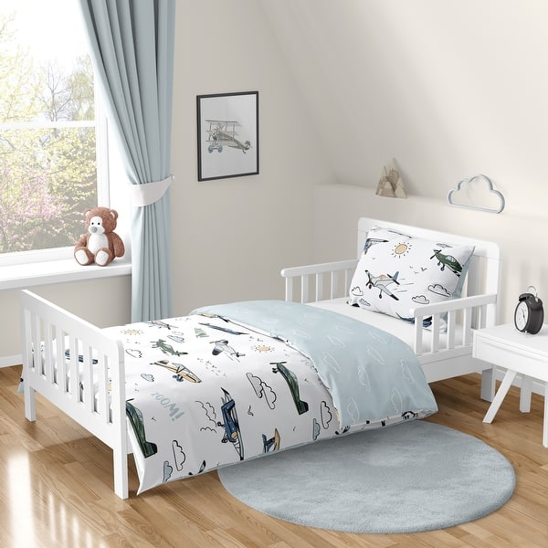 slide 2 of 6, Sweet Jojo Designs Vintage Airplane Boy 5pc Toddler-size Comforter Set Green Blue Yellow Airplanes Plane Transportation Clouds