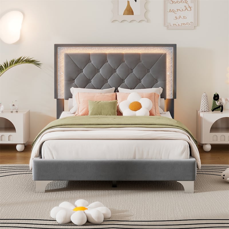 Twin Size Upholstered Bed Frame with LED Lights,Velvet Platform Bed