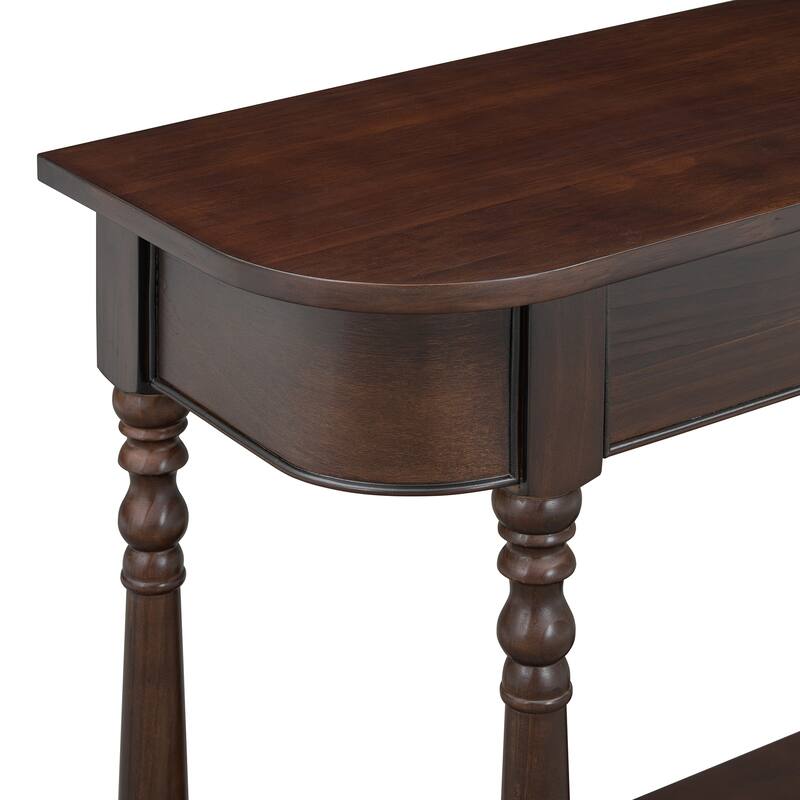 Retro Narrow Console Table with Curved Corner, Top Drawer & Open Shelf