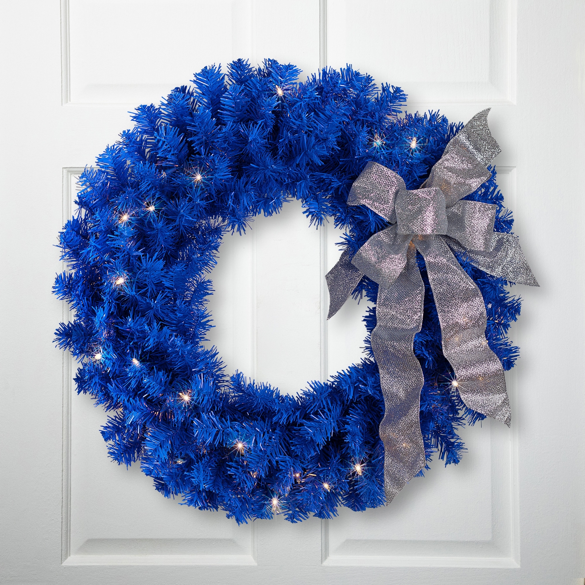 Pre-Lit Artificial Pine Christmas Wreath 24" Royal Blue Clear Lights
