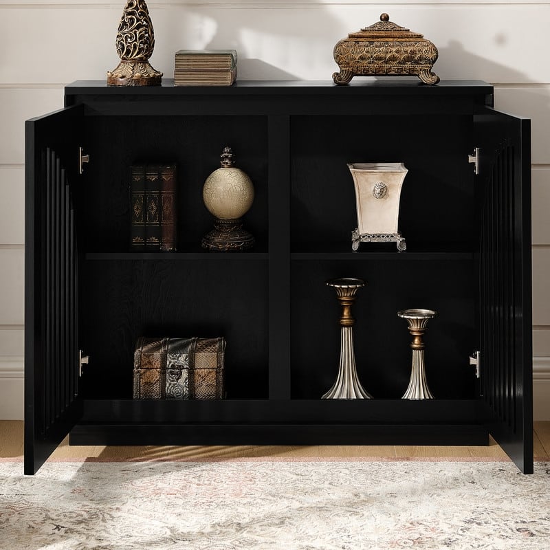 Mid Century Fluted Sideboard with 2 Outlets, Narrow Buffet Cabinet for Entryway & Kitchen - Black