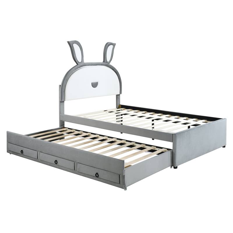 Full Size Upholstered Platform Bed with Rabbit Headboard, Trundle, and Three Drawers