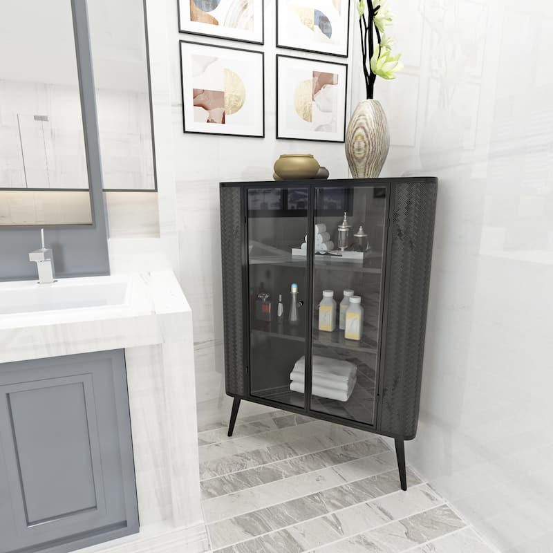 3-Tier Corner Bathroom Cabinet, Storage Cabinet with Tempered Glass Doors, Accent Cabinet with Removeable Shelves