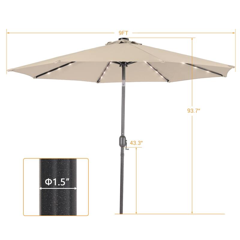 LIVOOSUN 9Ft Solar-powered Large Round Outdoor Patio Market Umbrella with Crank