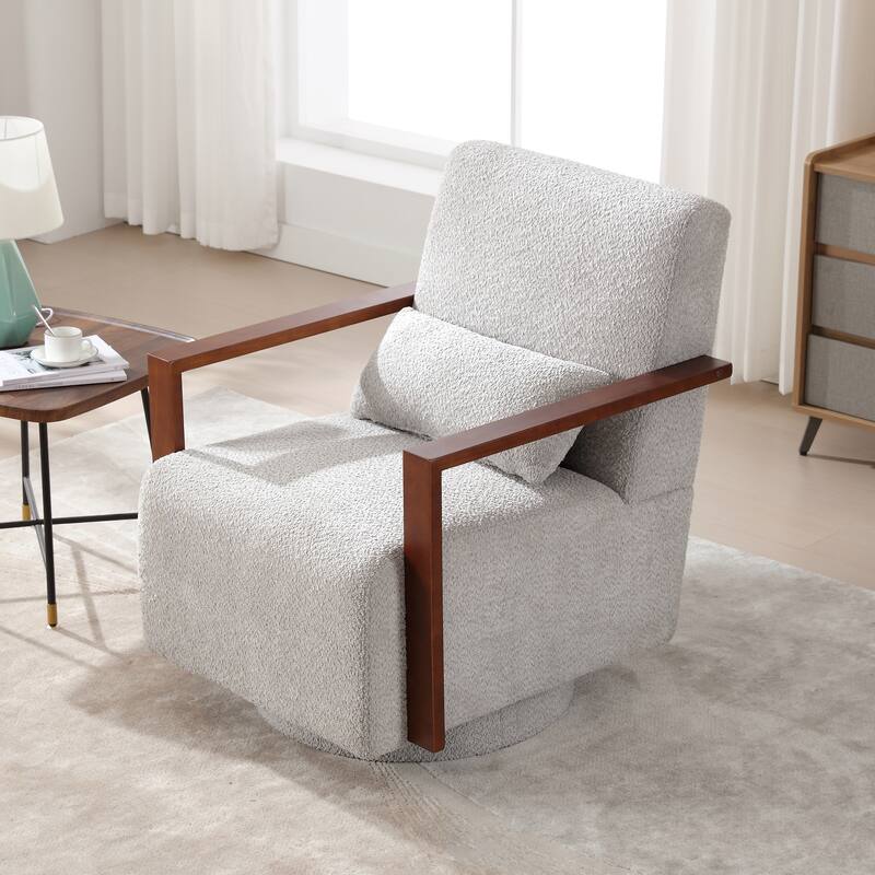 Mid-Century Boucle Upholstered Swivel Armchair With Pillow