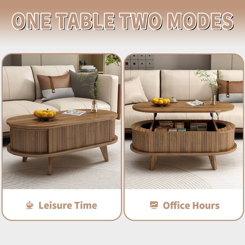 Fluted Lift Top Coffee Table with Hidden Compartment, Wooden Center Table, Modern Oval Lift Tabletop for Home Living Room