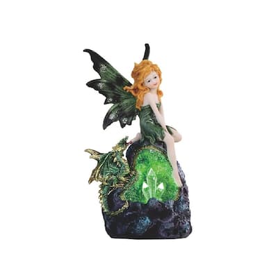 Q-Max 8"H Green Fairy and Baby Dragon with LED Crystal Stone Statue Fantasy Night Light Decoration Figurine
