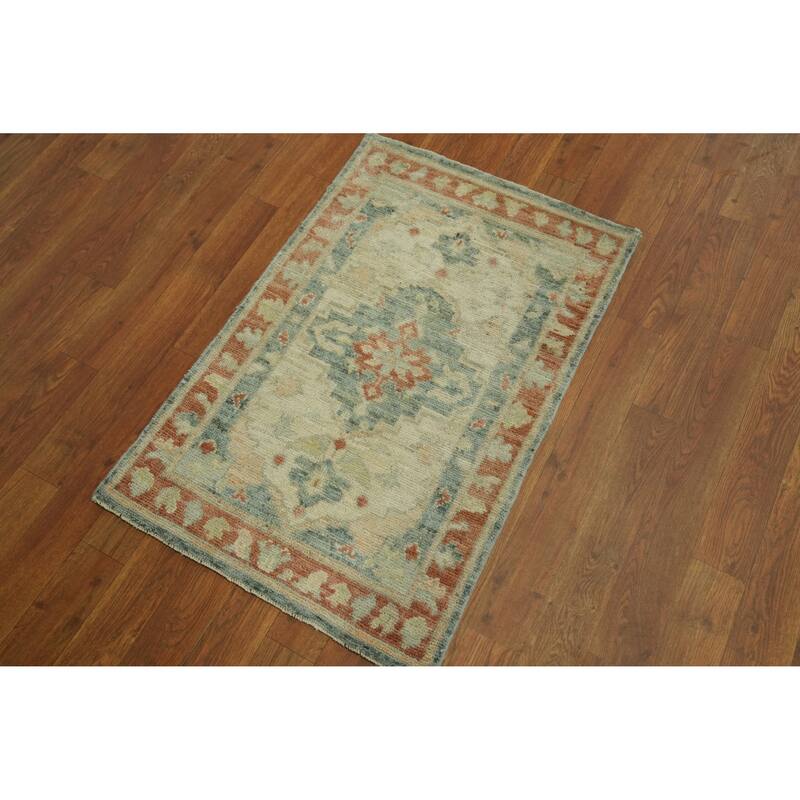 Vegetable Dye Wool Oushak Turkish Foyer Rug, Medallion Geometric Carpet - 2' 11'' X 1' 11''