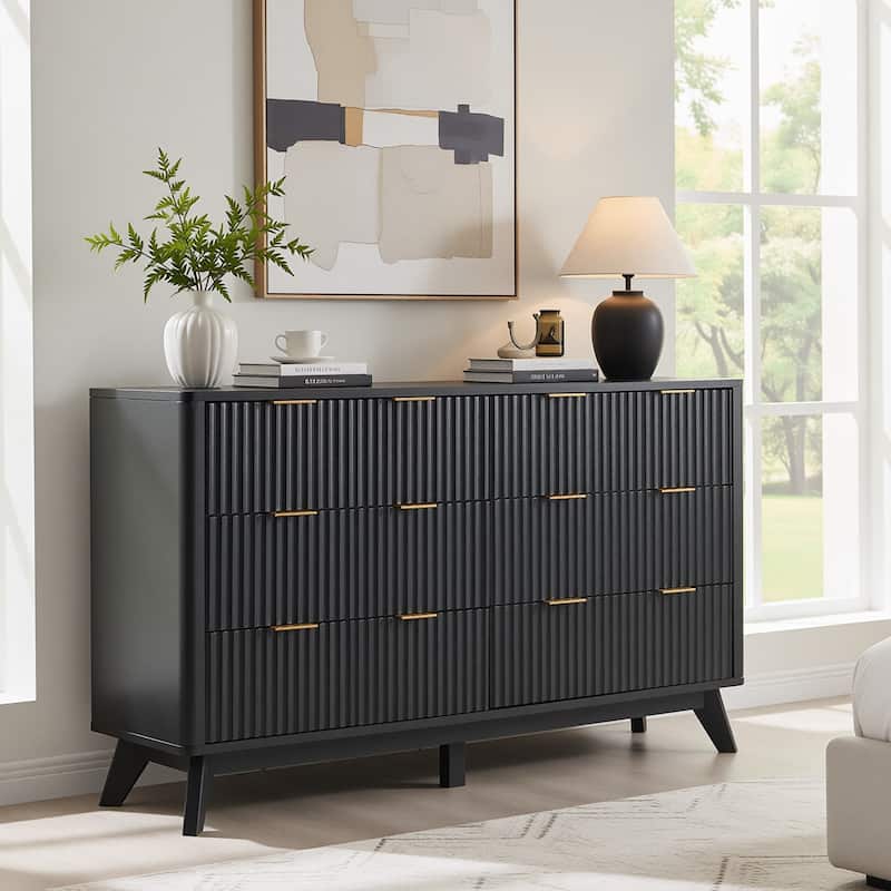 Modern Fluted 6 Drawers Dresser, Chest of Drawers, Dresser TV Stand - Dark Grey