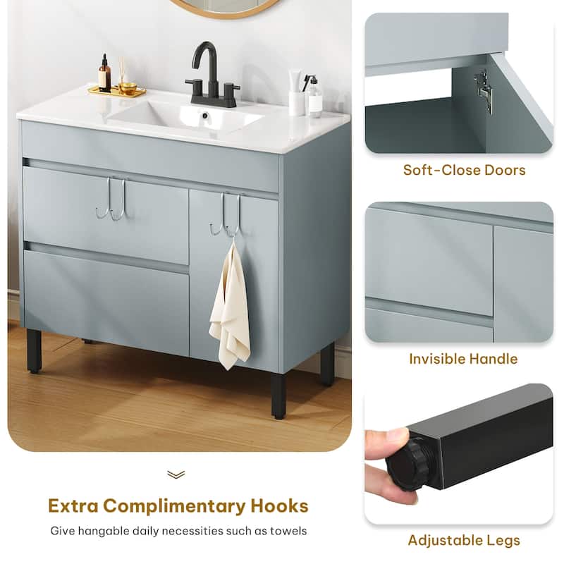 Moasis 36 Inch Freestanding Bathroom Vanity with Ceramic Sink 1 Cabinet and 2 Drawers