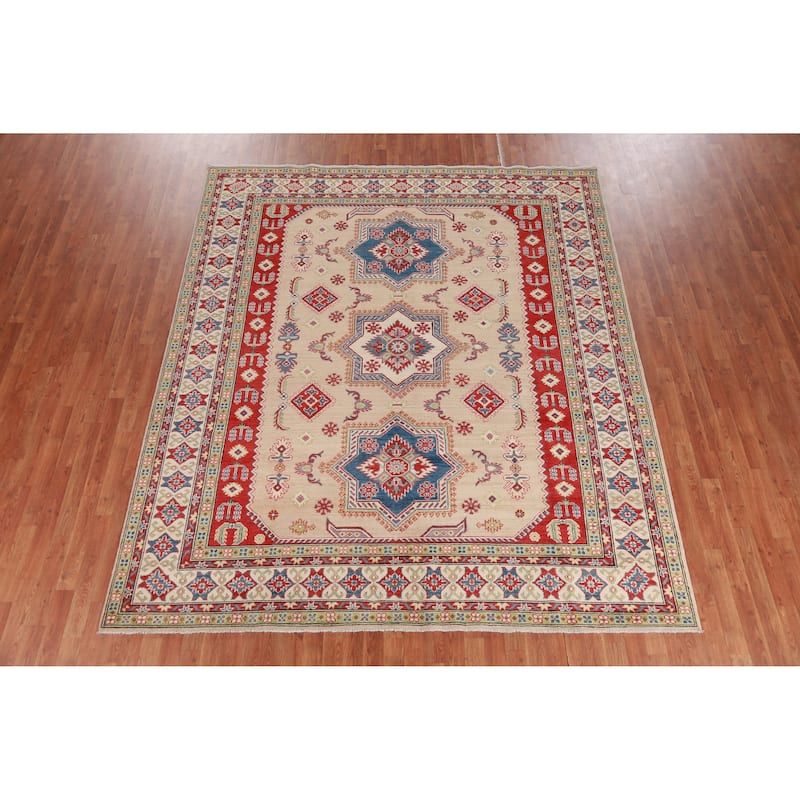 Hand Knotted Oriental 100% Wool Carpet Traditional Geometric Peach Kazak Area Rug - 9' 9'' X 8' 4''