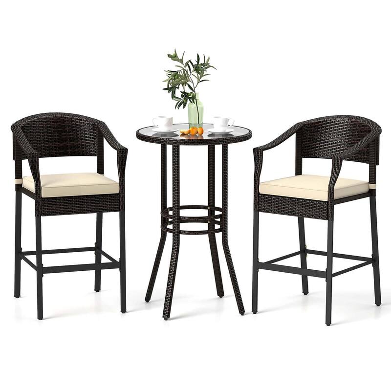 Costway 3 PCS Patio Rattan Bar Set Wicker Armchairs & Round Table with - See Details